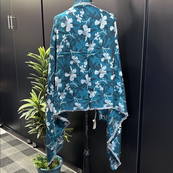 Ann Taylor Wrap/scarf, fringe trim, oversized,Dark Aqua/blue/gray - Picture 6 of 8